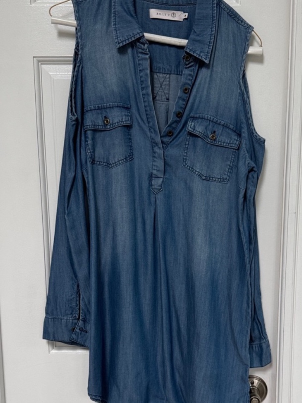 Billy T Chambray Denim Blue Cold Shoulder  Long Sleeve Mini Dress